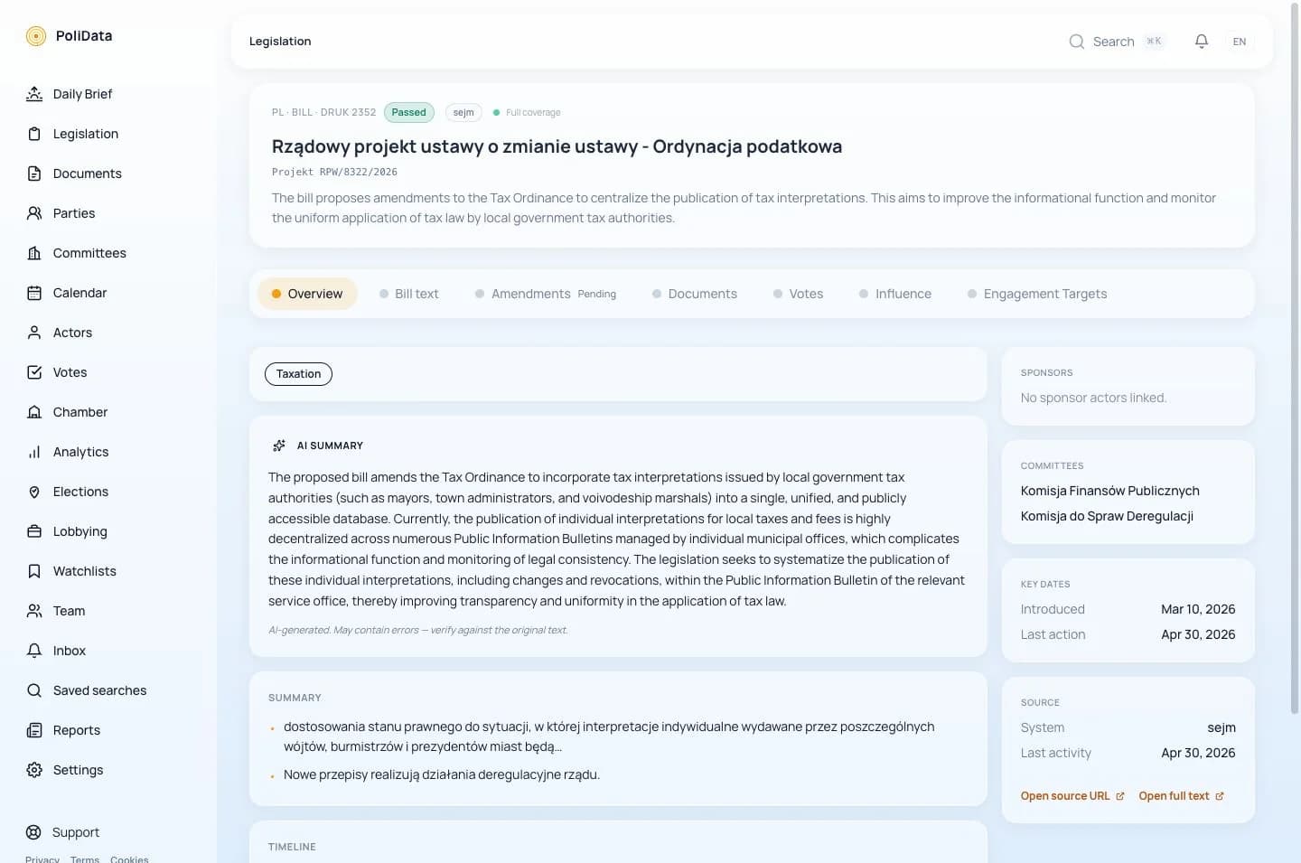 PoliData Polish Sejm legislation workspace showing the Tax Ordinance bill, Sejm print 2352, two committees, key dates and links to the Sejm source and full text.