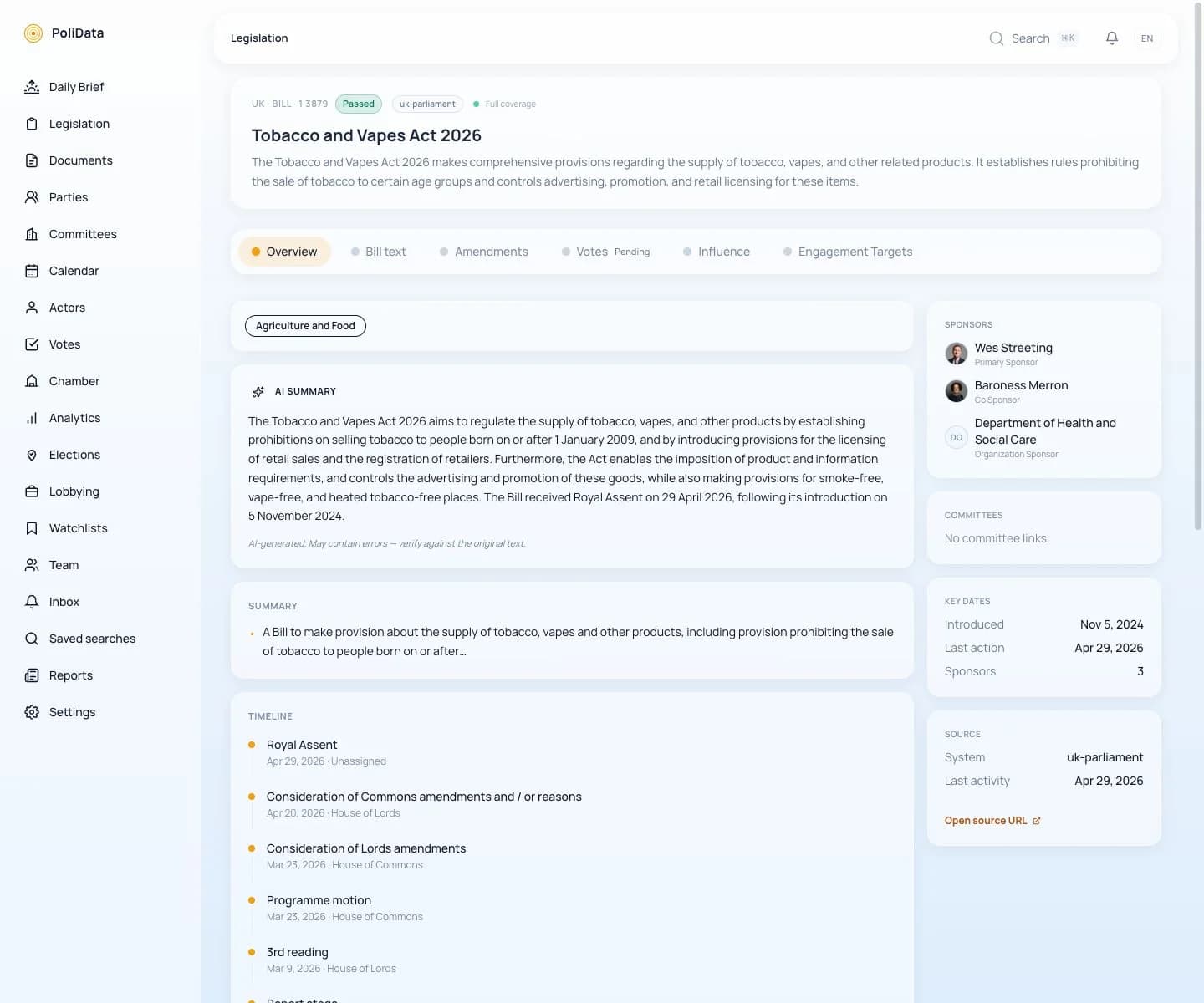 PoliData United Kingdom legislation workspace showing the Tobacco and Vapes Act 2026 with AI summary, Commons and Lords timeline entries, sponsors, key dates and source link.
